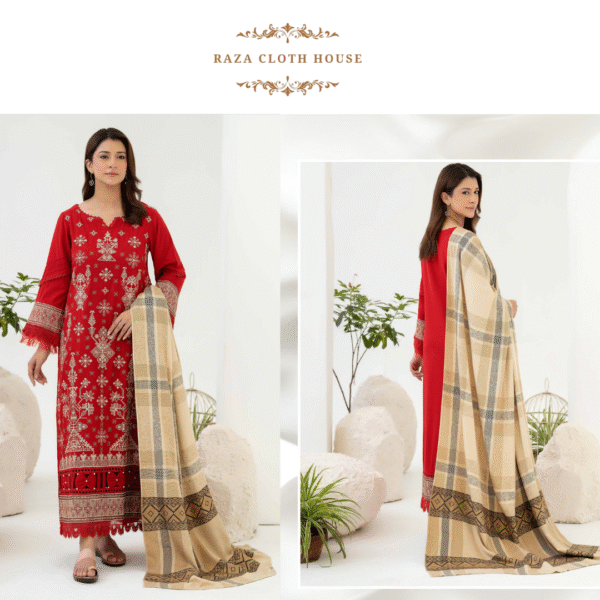 Johra Samama Embroidered Peach Leather with Jacquard Wool Shawl